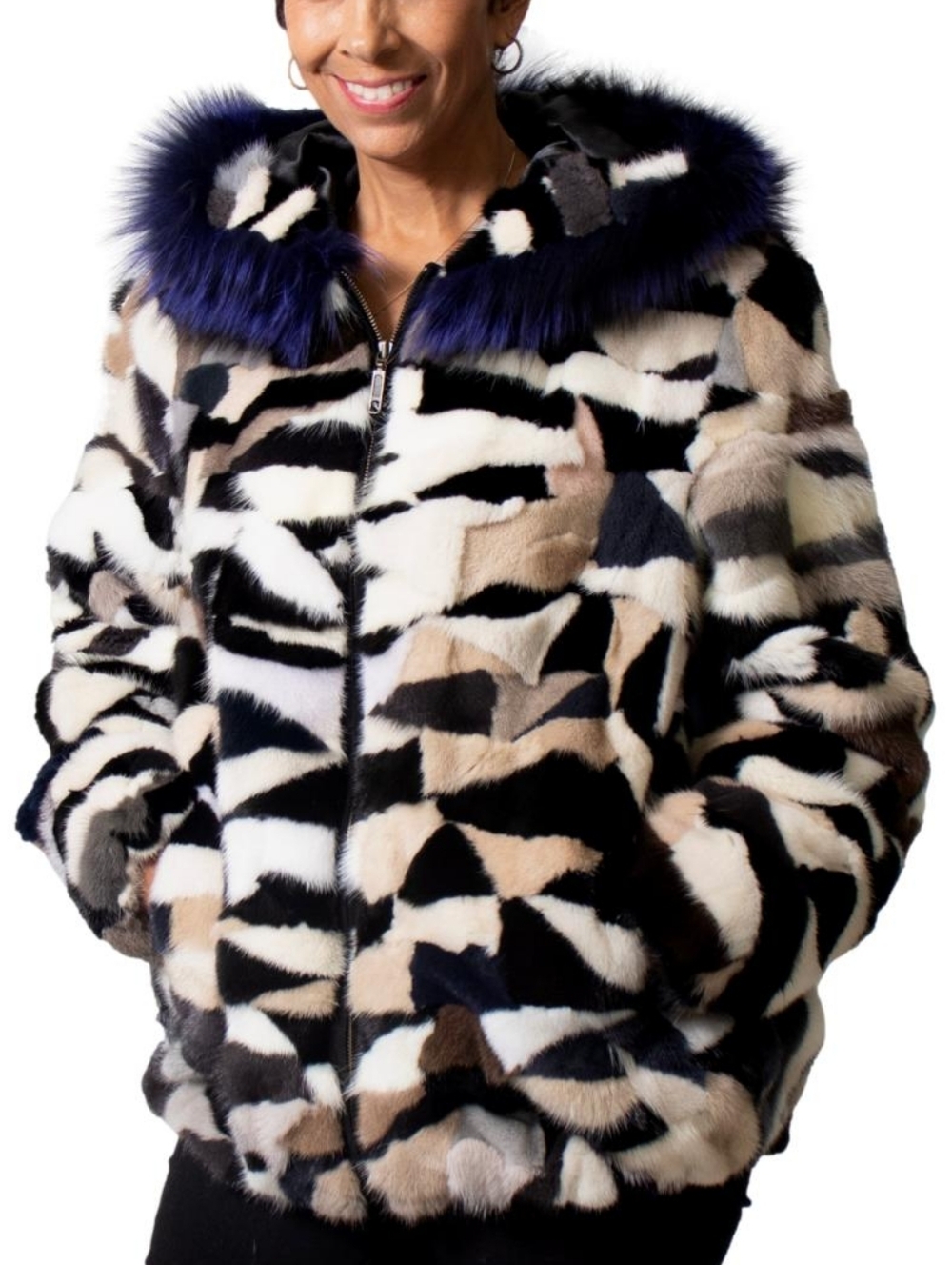 CLEARANCE Mink Fur Sections 25″ Zip Hooded Parka with Fox Fur Trim